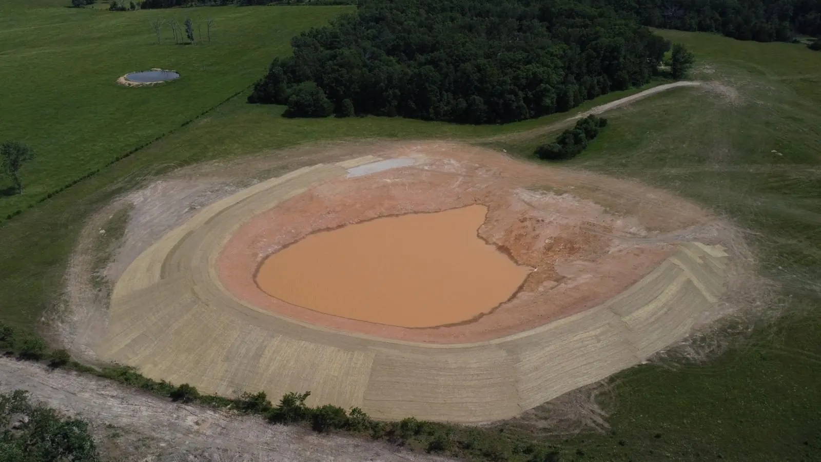 Aerial view of a newly dug pond